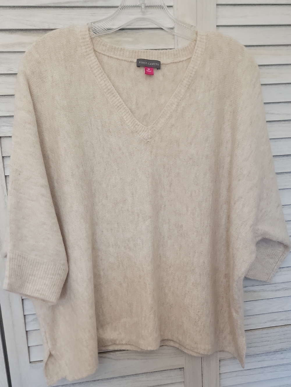 Vince Camuto V-Neck Dolman Short Sleeve Knit Sweater Beige